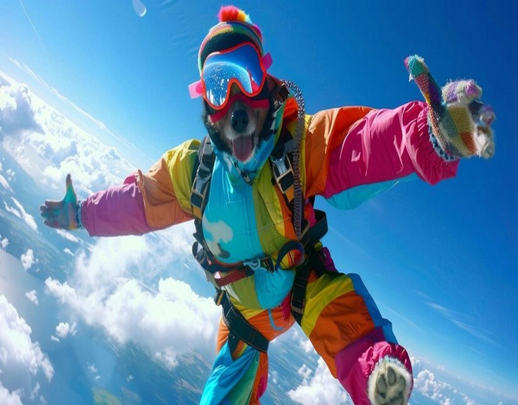 A person in a colorful suit is in the air
